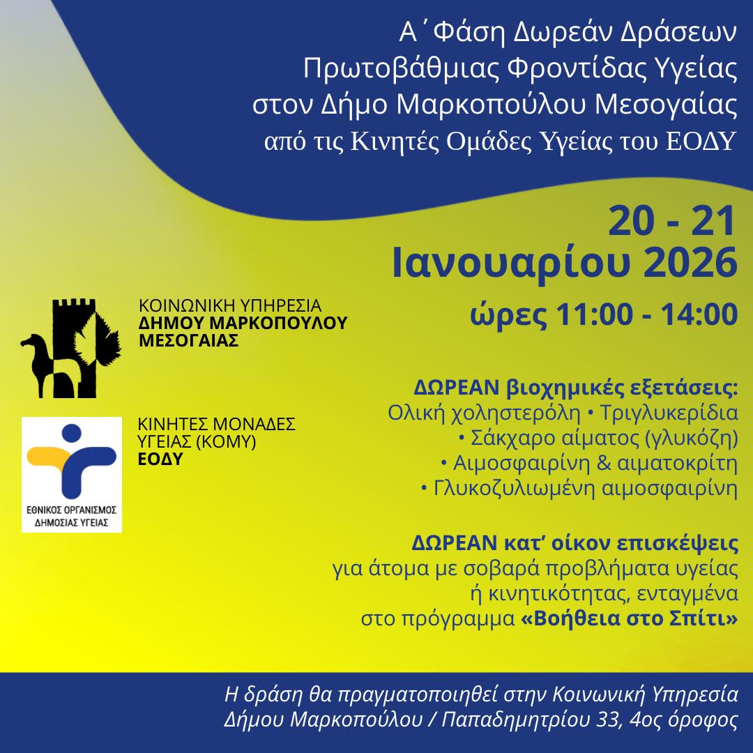 Δωρεάν Δράσεις Πρωτοβάθμιας Φροντίδας Υγείας στον Δήμο Μαρκοπούλου Μεσογαίας από τις Κινητές Ομάδες Υγείας του ΕΟΔΥ