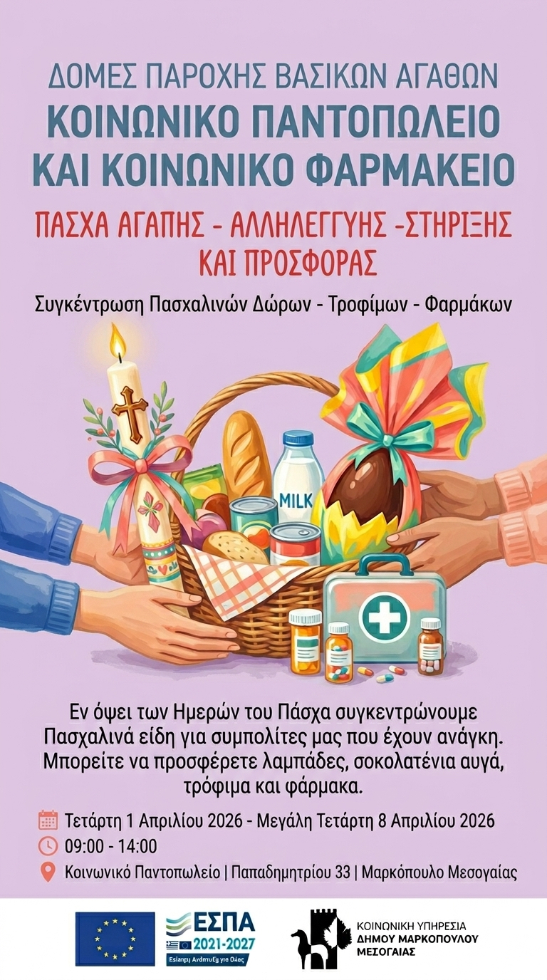 Συγκέντρωση Τροφίμων, Φαρμάκων και Πασχαλινών Ειδών από τον Δήμο Μαρκοπούλου