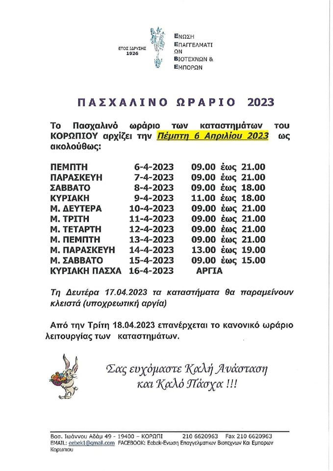 Το Πασχαλινό ωράριο στο Δήμο Κρωπίας