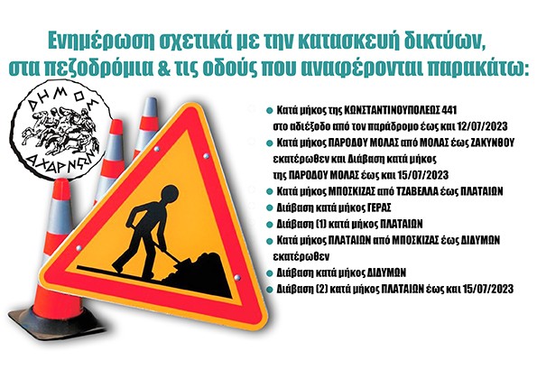 Ο Δήμος Αχαρνών ενημερώνει ότι το επόμενο διάστημα θα πραγματοποιούνται εργασίες εκσκαφής από τα συνεργεία του ΔΕΔΔΗΕ στους παρακάτω δρόμους:
