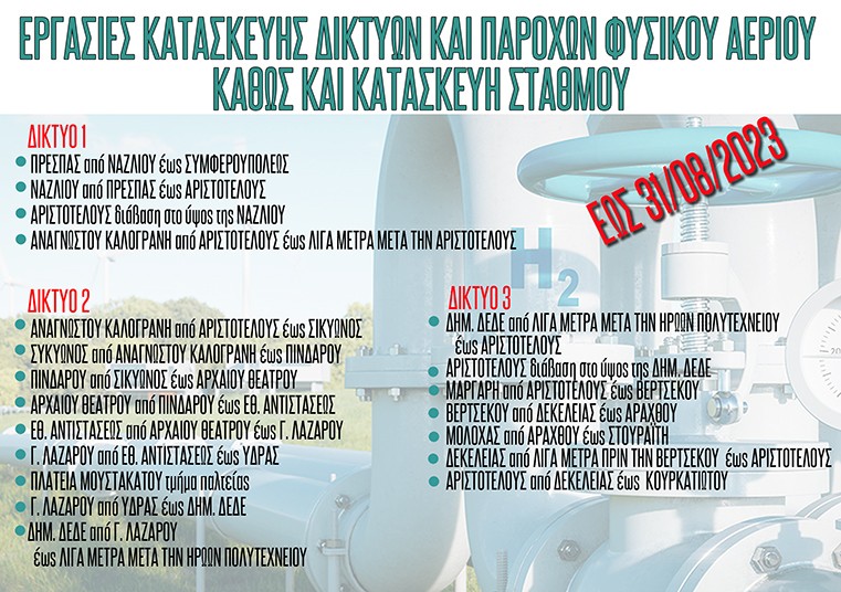 Ο Δήμος Αχαρνών ενημερώνει ότι έως τις 31/08/2023 θα πραγματοποιούνται εργασίες κατασκευής δικτύων και παροχών φυσικού αερίου - Δείτε σε ποιους δρόμους