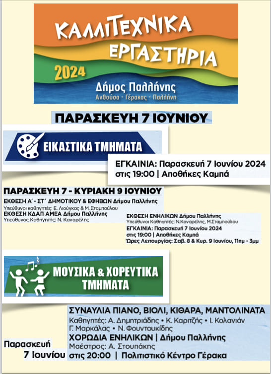 Οι εκδηλώσεις για ήμερα 7/6 των καλλιτεχνικών εργαστηρίων του Δήμου Παλλήνης 