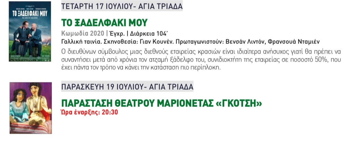 Οι βραδιές θερινού σινεμά συνεχίζονται την Τετάρτη 17/7 και Παρασκευή 19/7 στον προαύλιο χώρο του Συλλόγου Αγίας Τριάδος Παιανίας