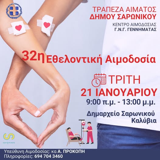 32η εθελοντική Αιμοδοσία την Τρίτη 21 Ιανουαρίου 2025, στο Δημαρχείο Σαρωνικού