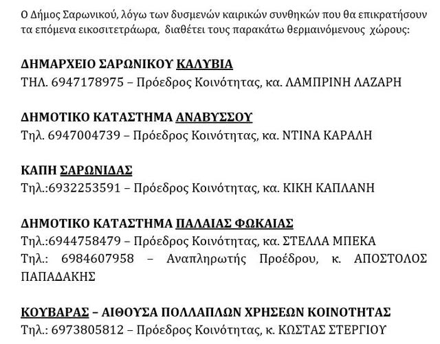 Θερμαινόμενοι χώροι στον δήμο Σαρωνικού για τη φιλοξενία – προστασία πολιτών από τις χαμηλές θερμοκρασίες