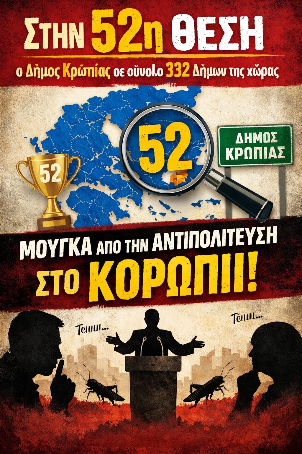 Στην 52η θέση ο Δήμος Κρωπίας σε σύνολο 332 Δήμων της χώρας :μούγκα από την αντιπολίτευση στο Κορωπί
