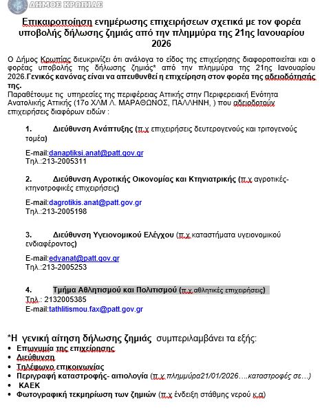 ΔΗΜΟΣ ΚΡΩΠΙΑΣ29.01.2026 :Επικαιροποίηση ενημέρωσης επιχειρήσεων σχετικά με τον φορέα υποβολής δήλωσης ζημιάς από την πλημμύρα της 21ης Ιανουαρίου 2026