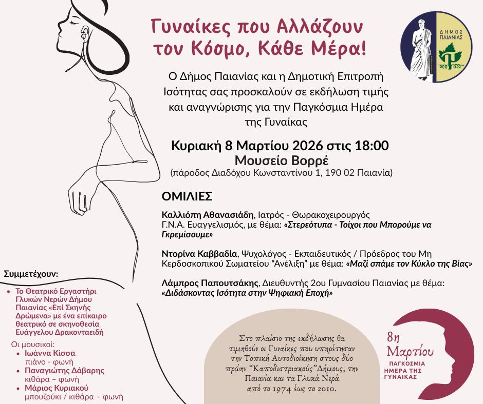Εκδήλωση με θέμα «Γυναίκες που αλλάζουν τον κόσμο κάθε μέρα!» την Κυριακή 8 Μαρτίου 2026, στο Μουσείου Βορρέ