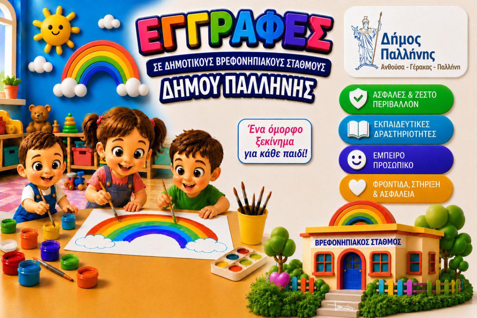 Έναρξη ηλεκτρονικών αιτήσεων για εγγραφές στους Βρεφονηπιακούς Σταθμούς Δήμου Παλλήνης (σχολικό έτος 2026–2027)