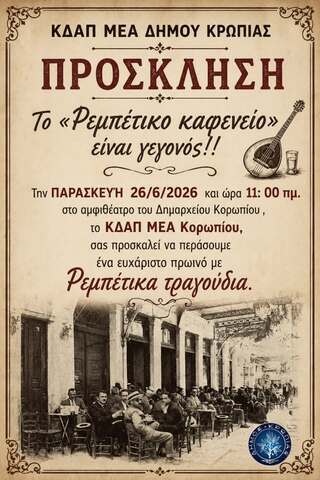 Mια ξεχωριστή εκδήλωση από το ΚΔΑΠ ΜΕΑ Κορωπίου την Παρασκευή 26/6/2026, στο Αμφιθέατρο του Δημαρχείου του Κορωπίου