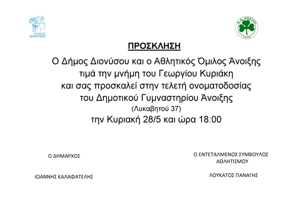 Ονοματοδοσία Δημοτικού Γυμναστηρίου Άνοιξης στη μνήμη του Γιώργου Κυριάκη, την Κυριακή 28/5