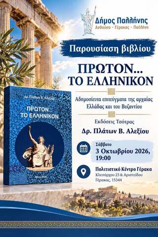 Στις 3 Οκτωβρίου στο Πολιτιστικό Κέντρο Γέρακα η παρουσίαση του βιβλίου «ΠΡΩΤΟΝ… ΤΟ ΕΛΛΗΝΙΚΟΝ»