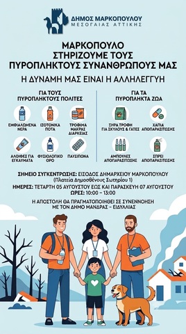 Δράση συγκέντρωσης ειδών πρώτης ανάγκης για τους πυρόπληκτους συνανθρώπους μας, από τον Δήμο Μαρκοπούλου Μεσογαίας