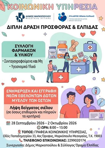 Διπλή δράση για τη συλλογή φαρμάκων και υγειονομικού υλικού, όπως και την ενημέρωση και εγγραφή νέων εθελοντών δοτών Μυελού των Οστών, στο Δήμο Μαρκοπούλου