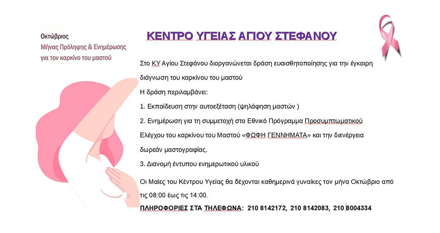 Δράση ευαισθητοποίησης του Κέντρου Υγείας Αγίου Στεφάνου για την έγκαιρη διάγνωση του καρκίνου του μαστού