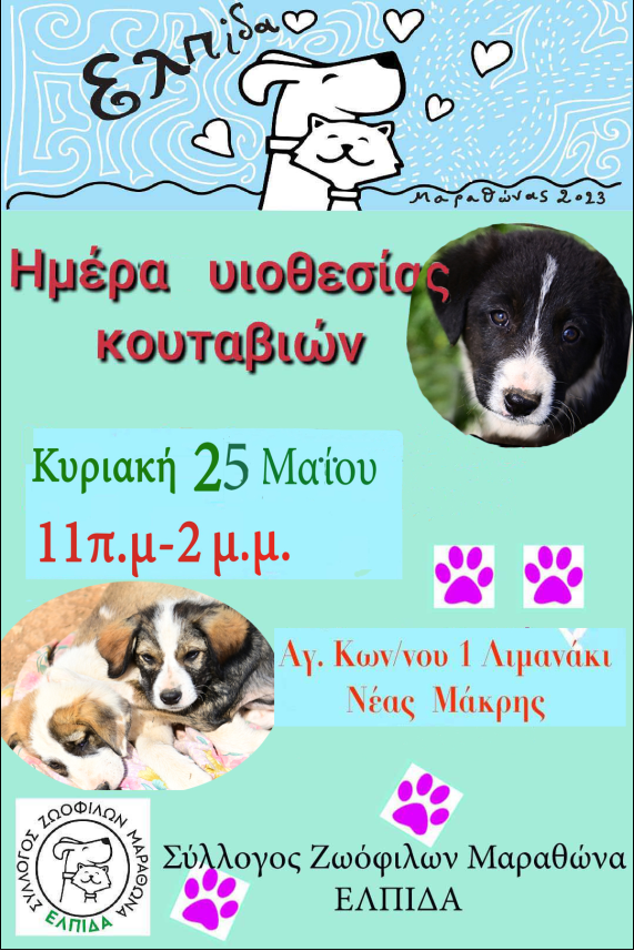 Ημέρα Υιοθεσίας Σκύλων από τον Σύλλογο Ζωόφιλων Μαραθώνα «Ελπίδα» την Κυριακή 25 Μαίου, στο λιμανάκι της Νέα Μάκρης