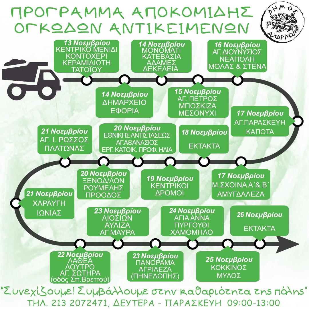 Νέο πρόγραμμα αποκομιδής ογκωδών αντικειμένων από τις 13 έως τις 26 Νοεμβρίου, του Δήμου Αχαρνών