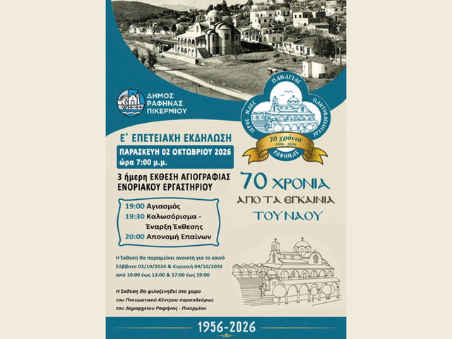 70 χρόνια από τα Εγκαίνια του Ιερού Ναού Παναγίας Παντοβασίλισσας Ραφήνας – Επετειακή εκδήλωση και 3ήμερη Έκθεση Αγιογραφίας